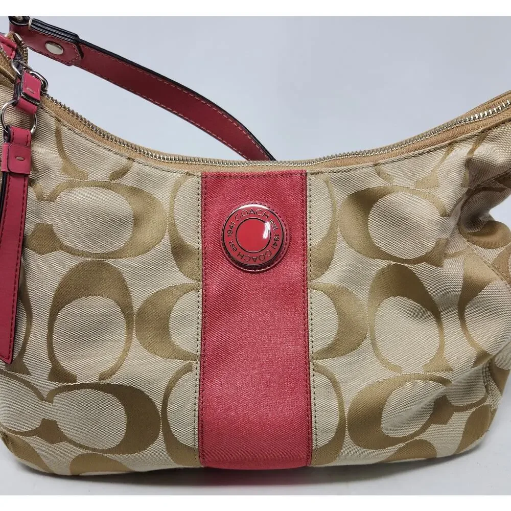 Vtg Y2K Coach Signature Stripe Hobo Shoulder Bag F19281 Khaki/Berry Pink